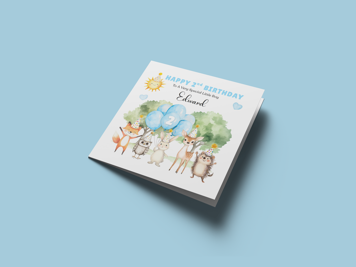 Personalised 2 Years Old 2nd Birthday Card for Toddler Boy – Forest Animal Design with Custom Name & Message - Two years old Birthday Card for Son, Grandson Nephew with Blue Envelope