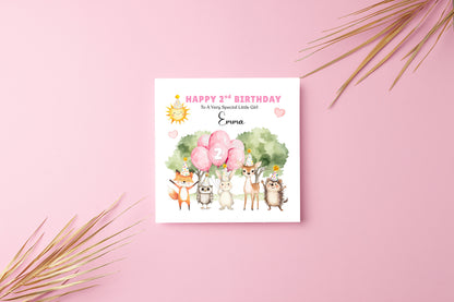 Personalised 2 Years Old 2nd Birthday Card for Toddler Girl – Forest Animal Design with Custom Name & Message - Two years old Birthday Card for Daughter, Granddaughter, Niece with Pink Envelope