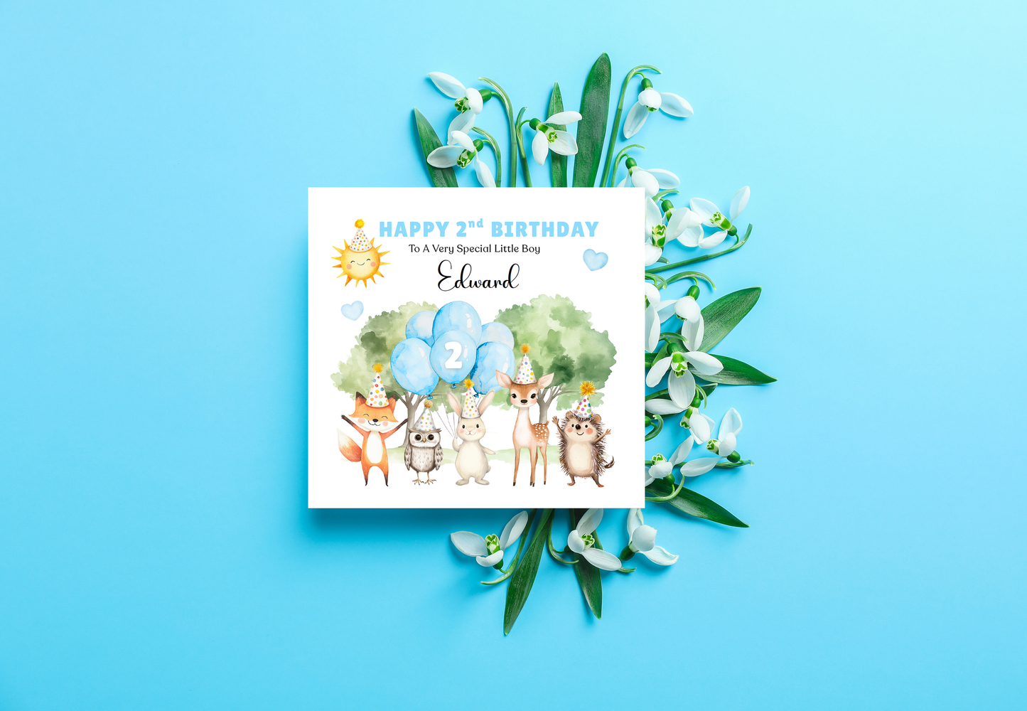 Personalised 2 Years Old 2nd Birthday Card for Toddler Boy – Forest Animal Design with Custom Name & Message - Two years old Birthday Card for Son, Grandson Nephew with Blue Envelope