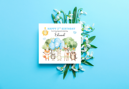 Personalised 2 Years Old 2nd Birthday Card for Toddler Boy – Forest Animal Design with Custom Name & Message - Two years old Birthday Card for Son, Grandson Nephew with Blue Envelope