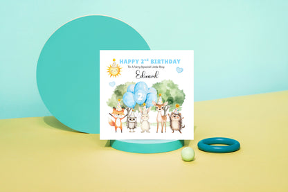 Personalised 2 Years Old 2nd Birthday Card for Toddler Boy – Forest Animal Design with Custom Name & Message - Two years old Birthday Card for Son, Grandson Nephew with Blue Envelope