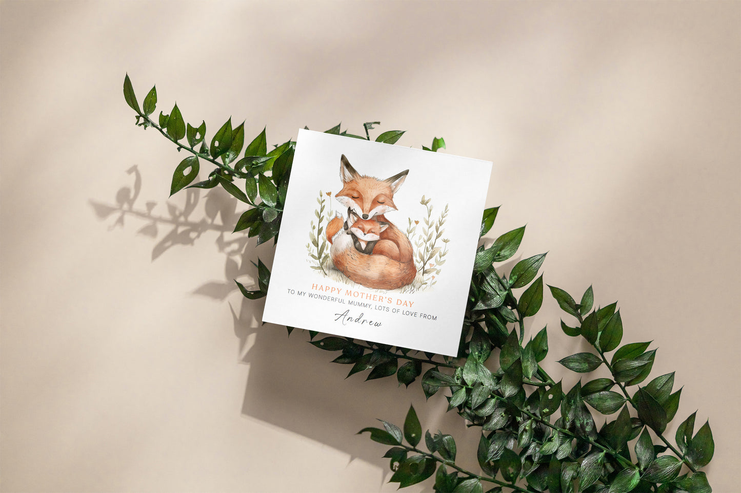 Personalised Happy Mother's Day Card with Custom Name for Mummy, Mama, Mother to be, Step-Mum, Grandma from Children, Son & Daughter – Adorable Fox Mum & Kid - Brown Kraft Envelope Included