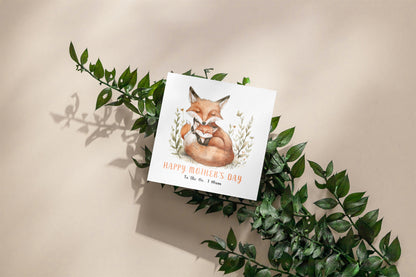 Happy Mother's Day Card for Mummy, Mama, Mother to be, Step-Mum, Grandma from Children, Son & Daughter with Adorable Fox Mum & Kid Design - Brown Kraft Envelope Included