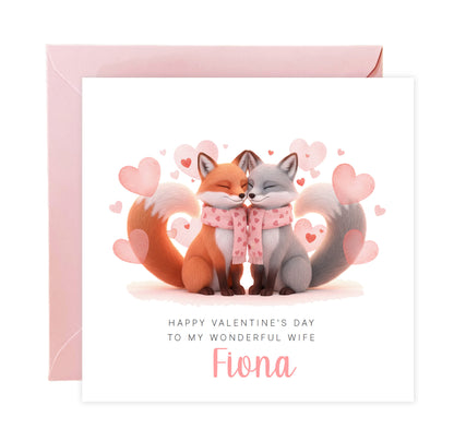 Personalised Happy Valentine’s Day Card with Cute Foxs Design for Loved Ones, Wife, Husband, Boyfriend, Girlfriend, Fiance, Fiancee - Custom Message and Name for Him or Her - Pink Envelope Included