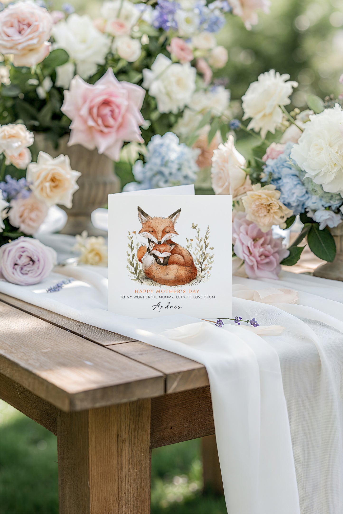 Personalised Happy Mother's Day Card with Custom Name for Mummy, Mama, Mother to be, Step-Mum, Grandma from Children, Son & Daughter – Adorable Fox Mum & Kid - Brown Kraft Envelope Included