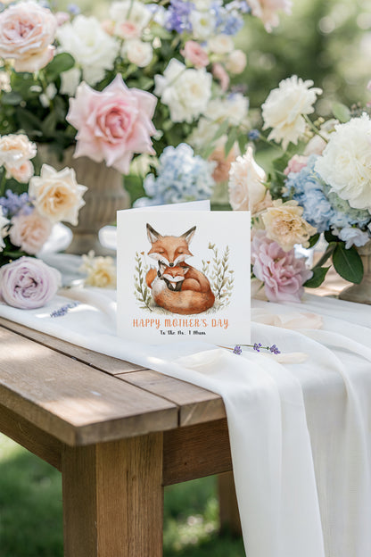 Happy Mother's Day Card for Mummy, Mama, Mother to be, Step-Mum, Grandma from Children, Son & Daughter with Adorable Fox Mum & Kid Design - Brown Kraft Envelope Included