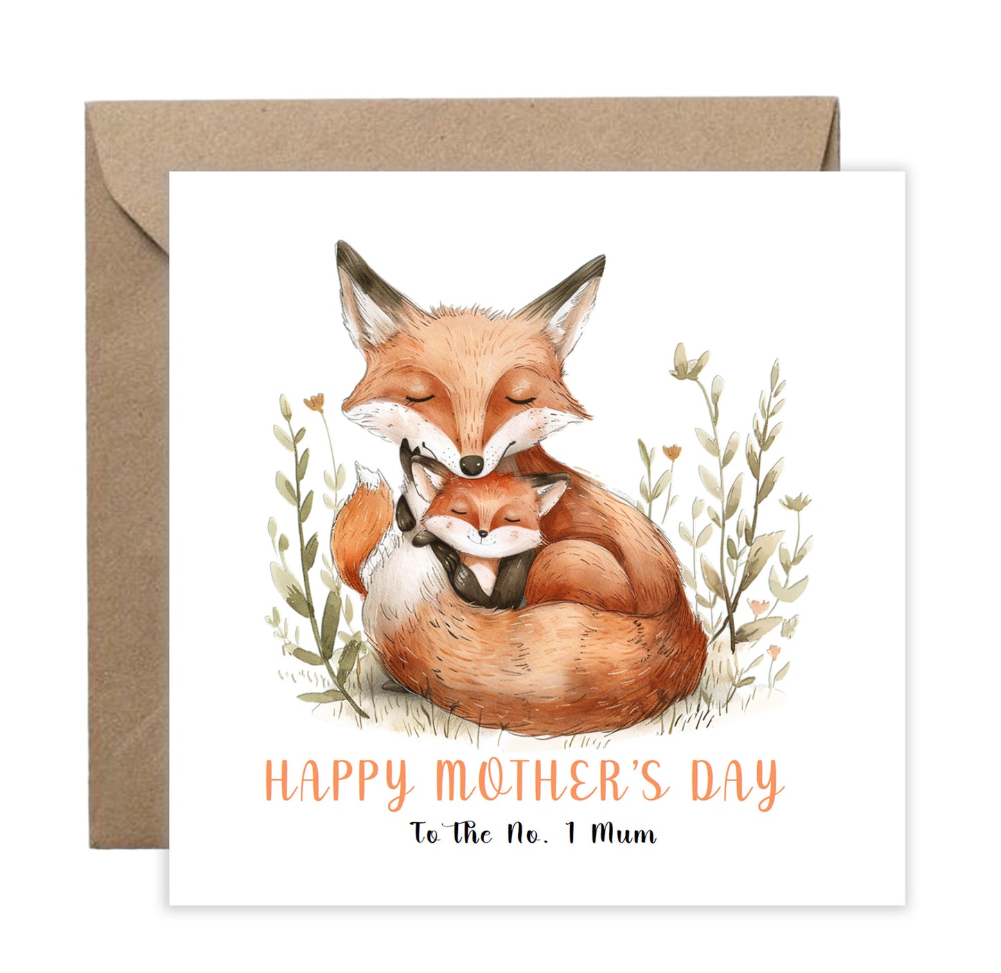Happy Mother's Day Card for Mummy, Mama, Mother to be, Step-Mum, Grandma from Children, Son & Daughter with Adorable Fox Mum & Kid Design - Brown Kraft Envelope Included