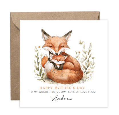 Personalised Happy Mother's Day Card with Custom Name for Mummy, Mama, Mother to be, Step-Mum, Grandma from Children, Son & Daughter – Adorable Fox Mum & Kid - Brown Kraft Envelope Included