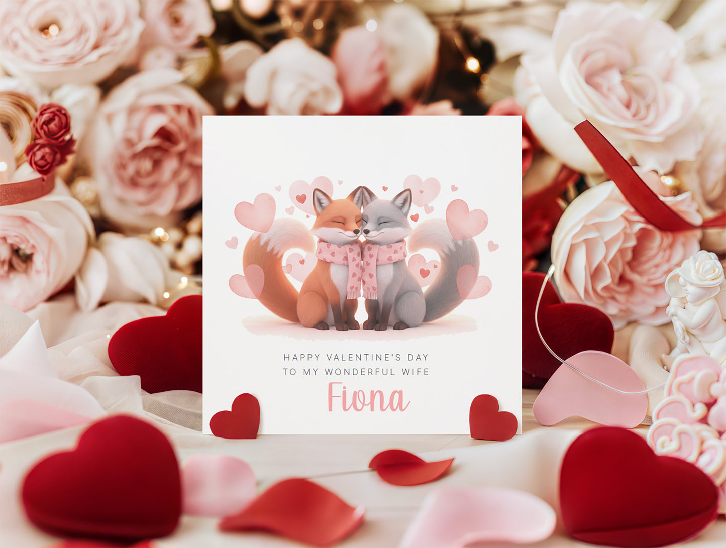 Personalised Happy Valentine’s Day Card with Cute Foxs Design for Loved Ones, Wife, Husband, Boyfriend, Girlfriend, Fiance, Fiancee - Custom Message and Name for Him or Her - Pink Envelope Included