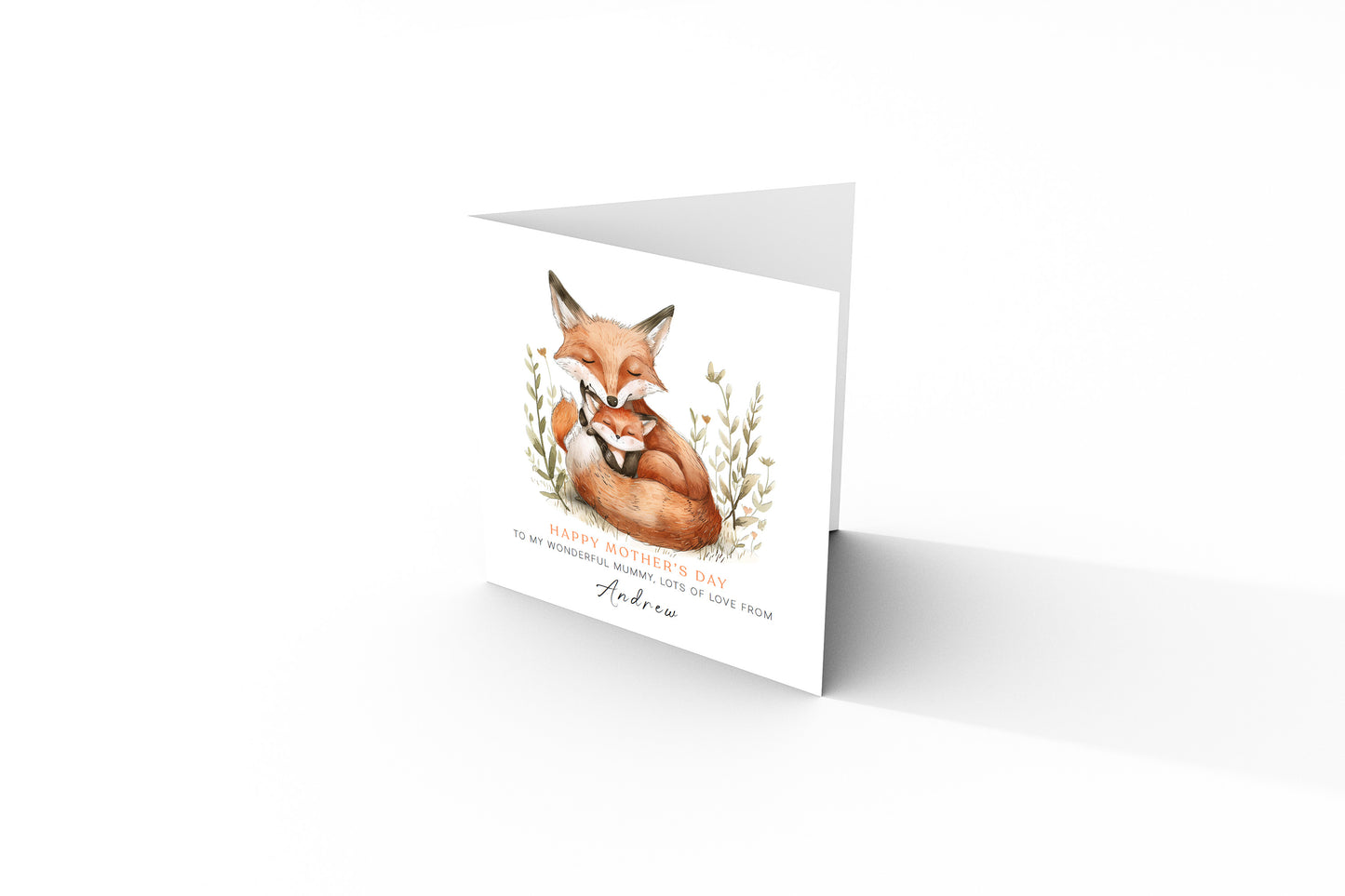 Personalised Happy Mother's Day Card with Custom Name for Mummy, Mama, Mother to be, Step-Mum, Grandma from Children, Son & Daughter – Adorable Fox Mum & Kid - Brown Kraft Envelope Included