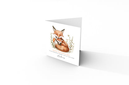 Personalised Happy Mother's Day Card with Custom Name for Mummy, Mama, Mother to be, Step-Mum, Grandma from Children, Son & Daughter – Adorable Fox Mum & Kid - Brown Kraft Envelope Included