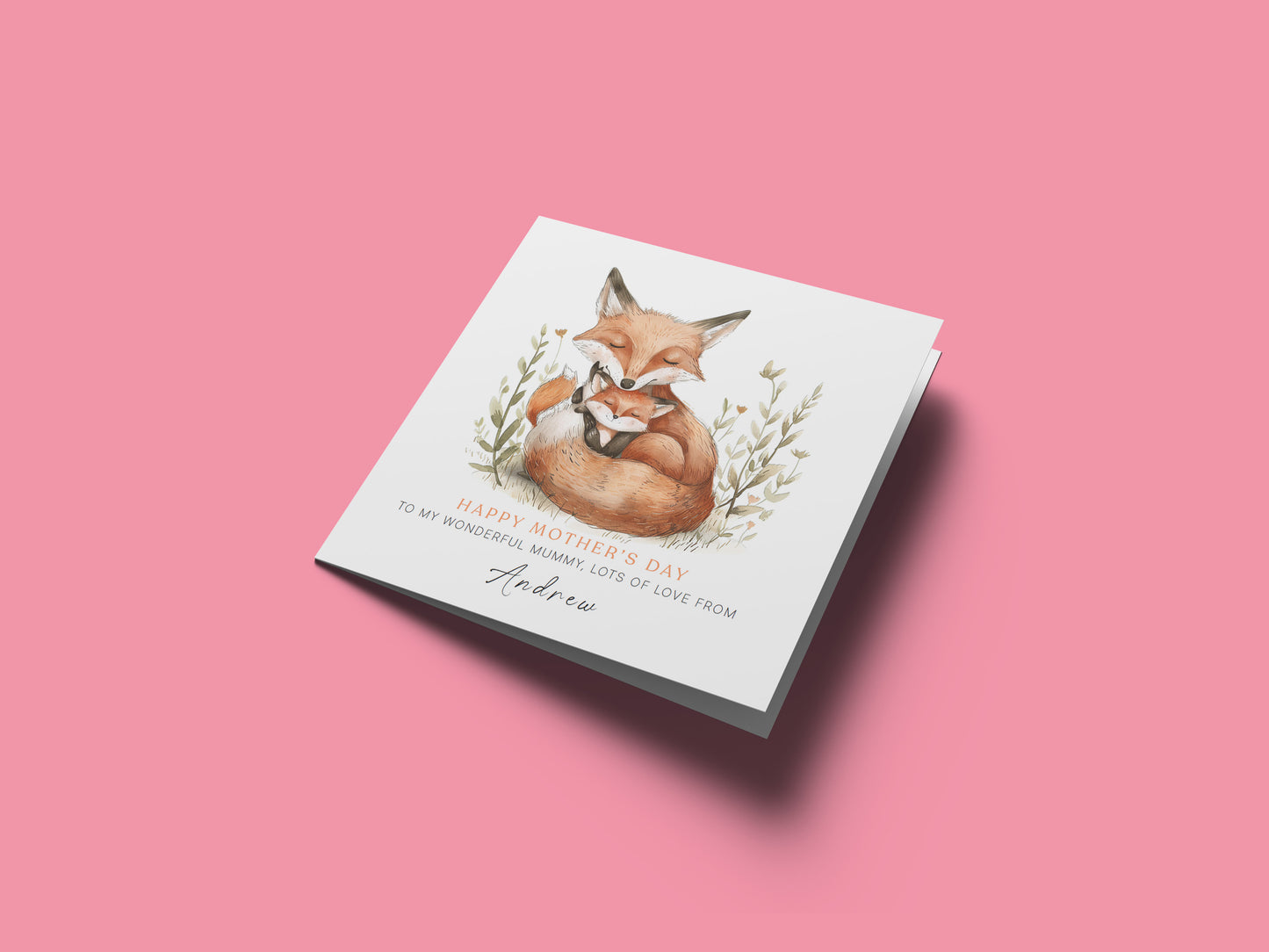 Personalised Happy Mother's Day Card with Custom Name for Mummy, Mama, Mother to be, Step-Mum, Grandma from Children, Son & Daughter – Adorable Fox Mum & Kid - Brown Kraft Envelope Included