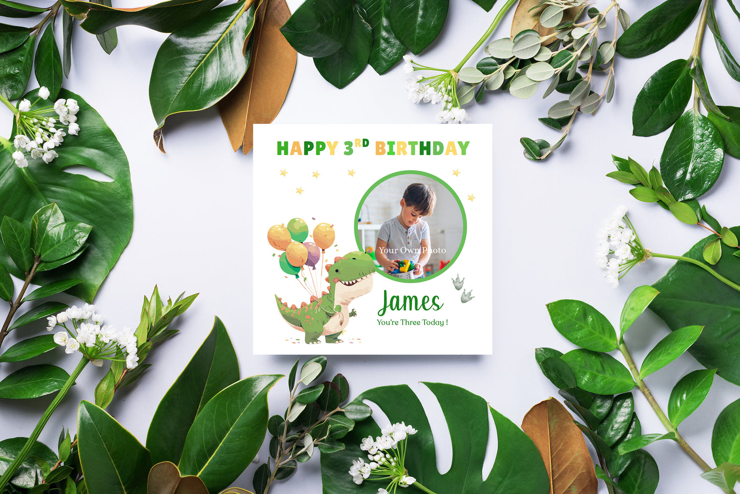 Personalised Photo 3rd Birthday Card for Toddler Boy –  Green T-Rex with Custom Photo and Name, Age 3 Years Old Happy Birthday Card for Son, Grandson, Nephew –  Green Envelope Included