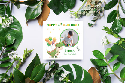 Personalised Photo 3rd Birthday Card for Toddler Boy –  Green T-Rex with Custom Photo and Name, Age 3 Years Old Happy Birthday Card for Son, Grandson, Nephew –  Green Envelope Included