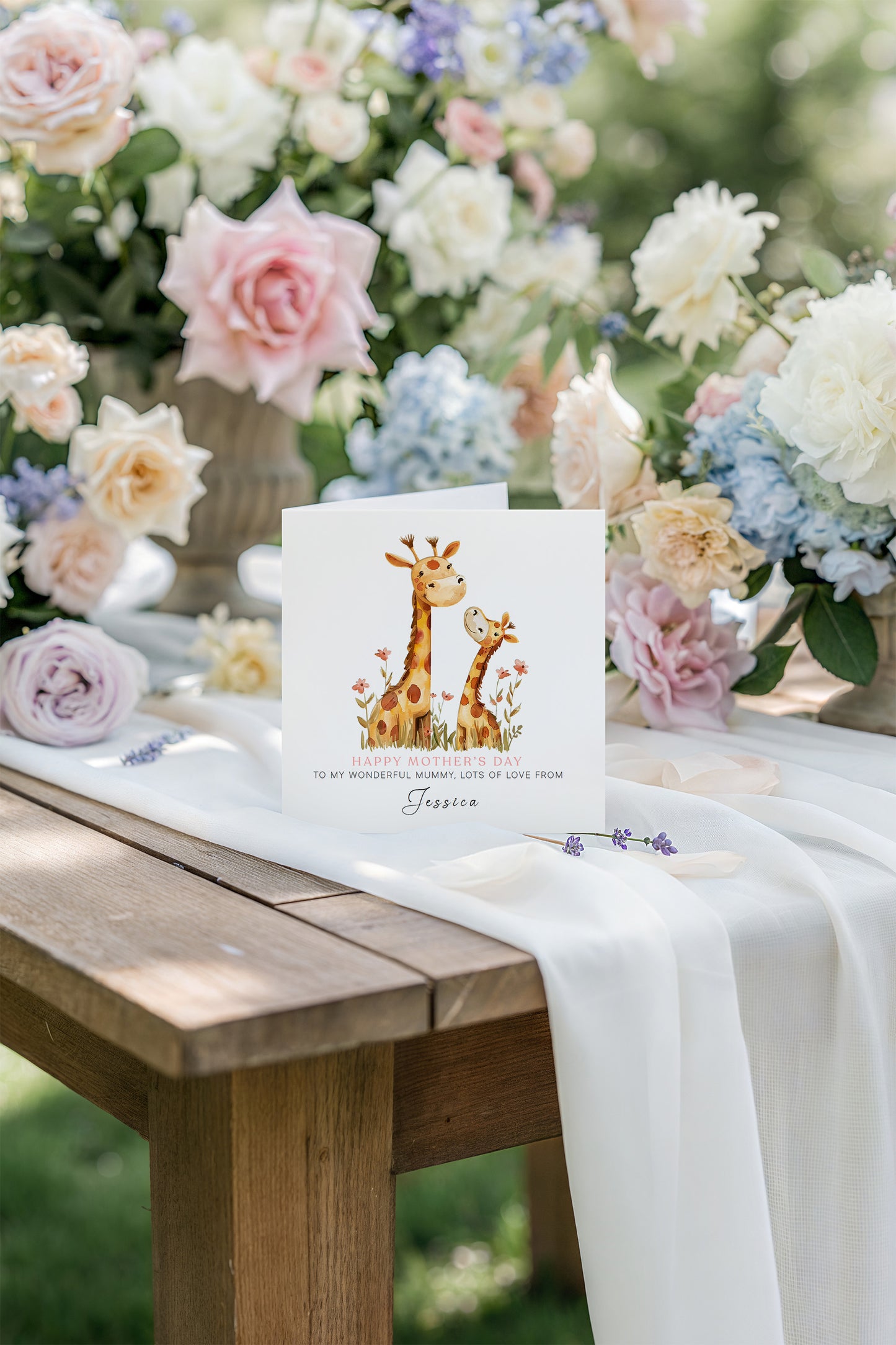 Personalised Happy Mother's Day Card with Custom Name for Her, Mummy, Mama, Mum, Mother to be, Grandma from Children, Son & Daughter – Cute Giraffe Mum & Kid  - Brown kraft Envelope Included
