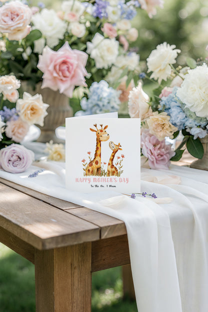 Happy Mother’s Day Card To The No. 1 Mum for Her, Mummy, Mama, Mum, Mother to be, Grandma from Children, Son & Daughter – Adorable Giraffe Mummy & Kid Design - Pink Envelope Included