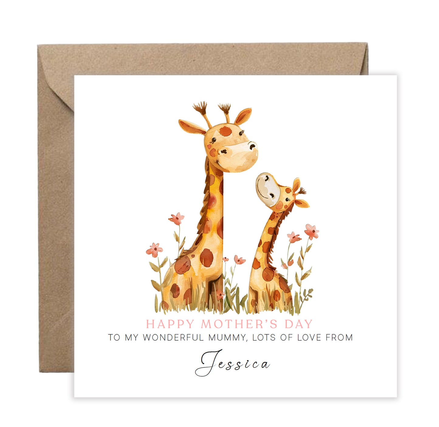 Personalised Happy Mother's Day Card with Custom Name for Her, Mummy, Mama, Mum, Mother to be, Grandma from Children, Son & Daughter – Cute Giraffe Mum & Kid  - Brown kraft Envelope Included