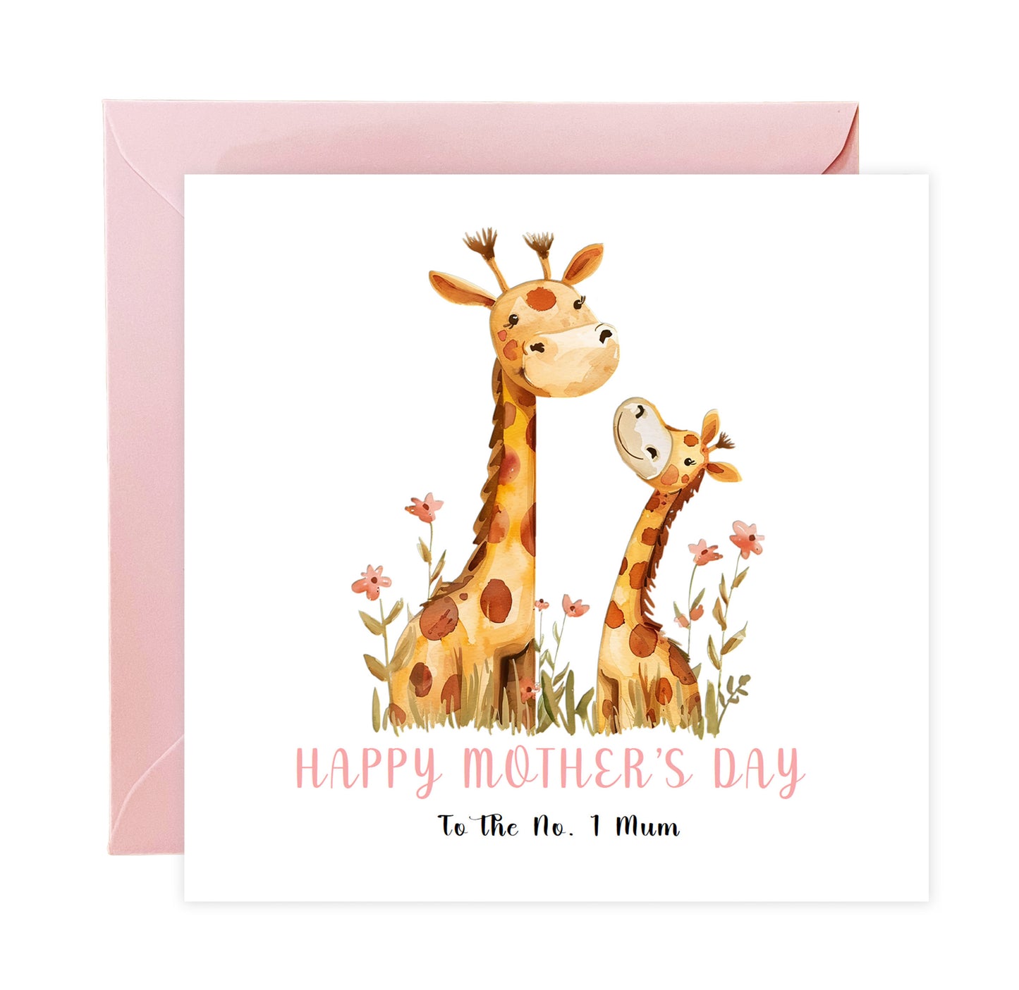 Happy Mother’s Day Card To The No. 1 Mum for Her, Mummy, Mama, Mum, Mother to be, Grandma from Children, Son & Daughter – Adorable Giraffe Mummy & Kid Design - Pink Envelope Included