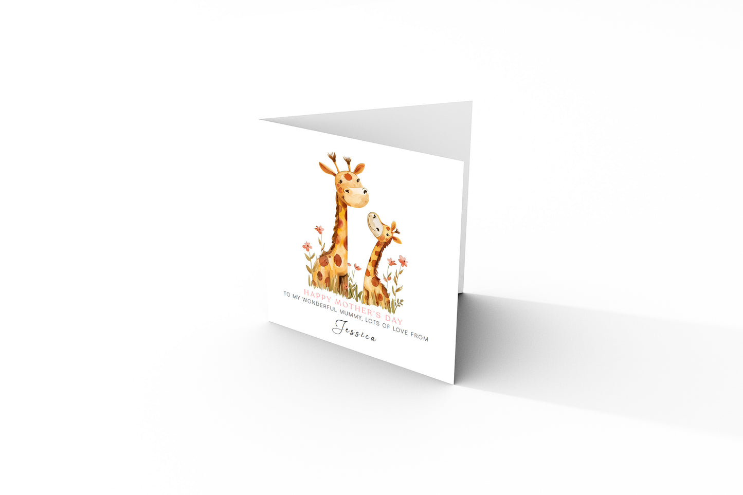 Personalised Happy Mother's Day Card with Custom Name for Her, Mummy, Mama, Mum, Mother to be, Grandma from Children, Son & Daughter – Cute Giraffe Mum & Kid  - Brown kraft Envelope Included