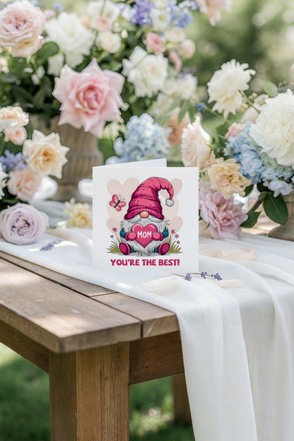 Happy Mother’s Day Card with Cute Gnome Holding Heart Design for Her, Mom, Mummy, Mama, Mum, Mother to be, Step-Mum, Grandma from Children, Son & Daughter - Pink Envelope Included