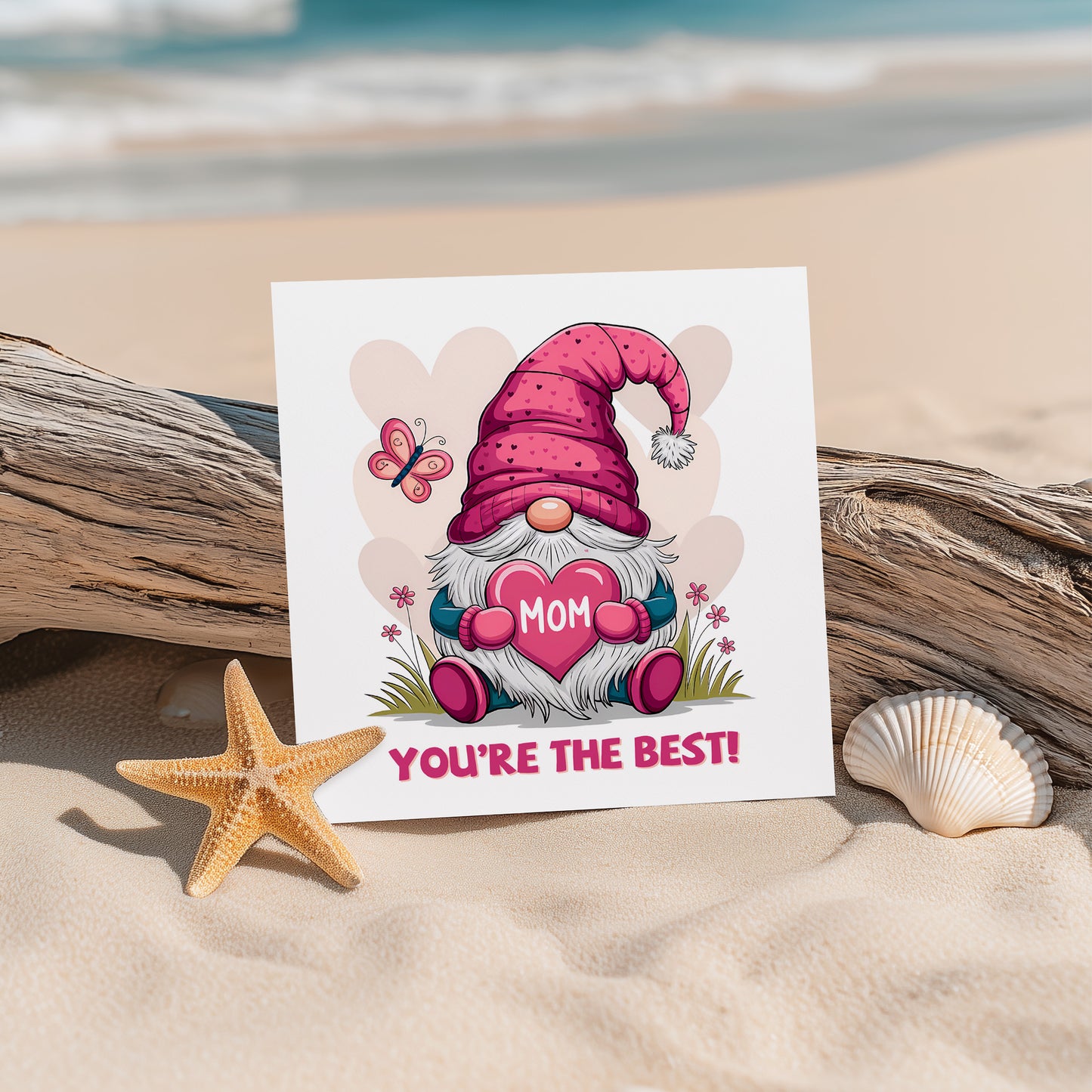 Happy Mother’s Day Card with Cute Gnome Holding Heart Design for Her, Mom, Mummy, Mama, Mum, Mother to be, Step-Mum, Grandma from Children, Son & Daughter - Pink Envelope Included
