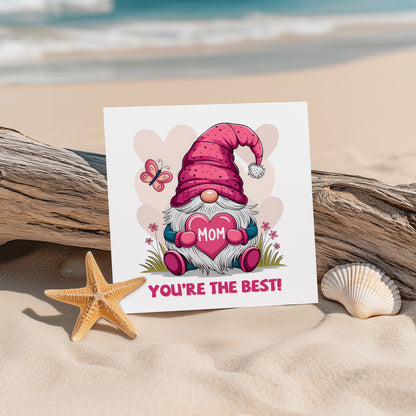 Happy Mother’s Day Card with Cute Gnome Holding Heart Design for Her, Mom, Mummy, Mama, Mum, Mother to be, Step-Mum, Grandma from Children, Son & Daughter - Pink Envelope Included