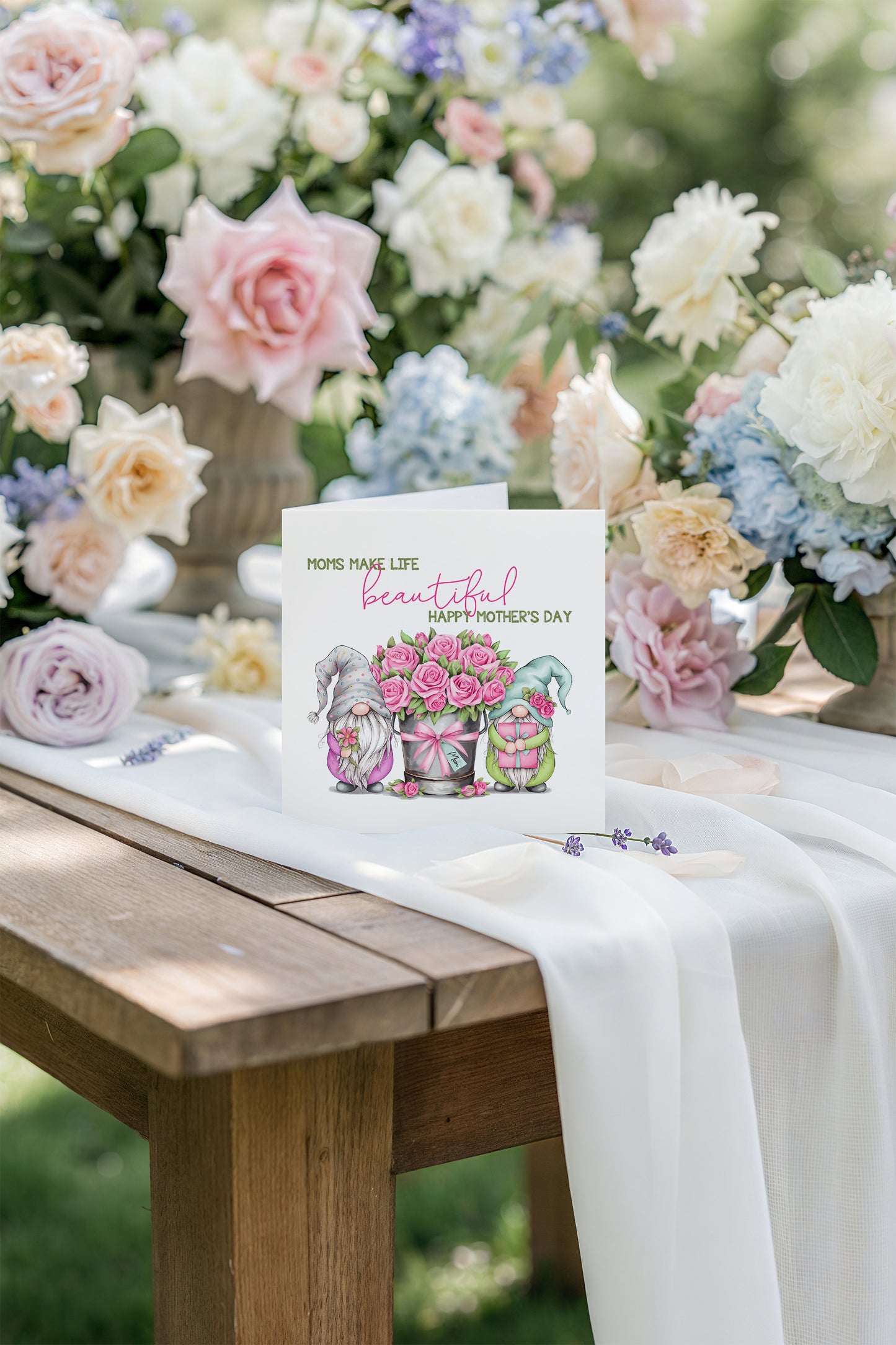 Happy Mother’s Day Card - Moms Make Life Beautiful - Cute Gnomes Design for Her, Mom, Mummy, Mama, Mum, Mother to be, Step-Mum, Grandma from Children, Son & Daughter - Pink Envelope Included