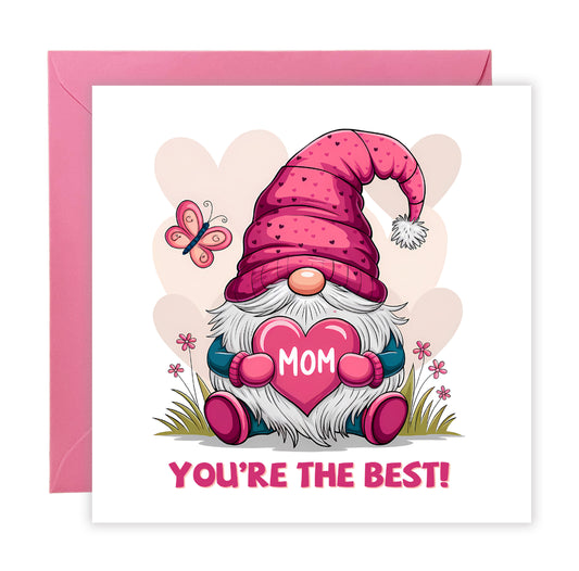 Happy Mother’s Day Card with Cute Gnome Holding Heart Design for Her, Mom, Mummy, Mama, Mum, Mother to be, Step-Mum, Grandma from Children, Son & Daughter - Pink Envelope Included