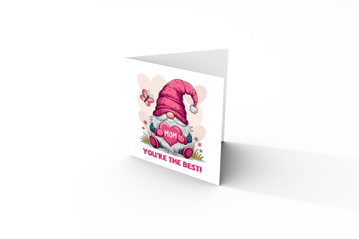 Happy Mother’s Day Card with Cute Gnome Holding Heart Design for Her, Mom, Mummy, Mama, Mum, Mother to be, Step-Mum, Grandma from Children, Son & Daughter - Pink Envelope Included