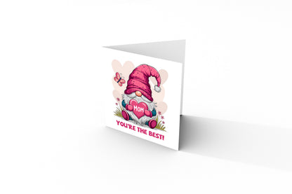 Happy Mother’s Day Card with Cute Gnome Holding Heart Design for Her, Mom, Mummy, Mama, Mum, Mother to be, Step-Mum, Grandma from Children, Son & Daughter - Pink Envelope Included