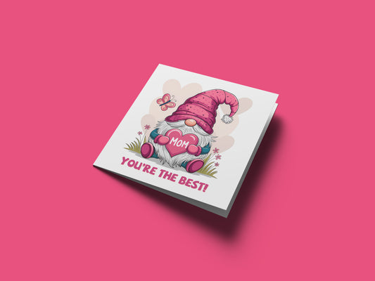Happy Mother’s Day Card with Cute Gnome Holding Heart Design for Her, Mom, Mummy, Mama, Mum, Mother to be, Step-Mum, Grandma from Children, Son & Daughter - Pink Envelope Included
