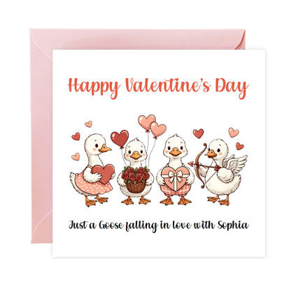 Personalised Funny Happy Valentine’s Day Card with Adorable Goose Design for Loved Ones, Wife, Husband, Boyfriend, Girlfriend, Partner etc - Custom Name for Him or Her - Pink Envelope Included