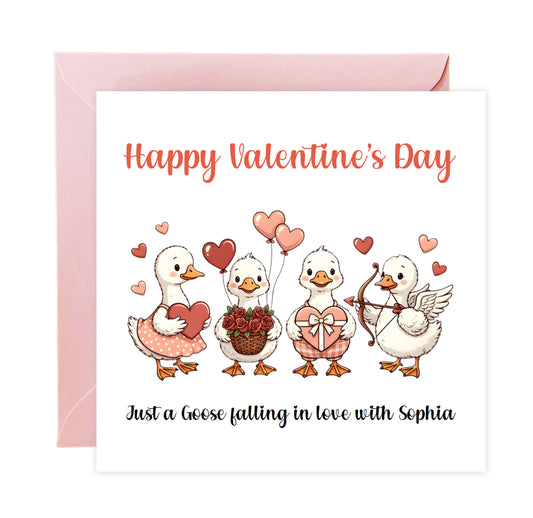 Personalised Funny Happy Valentine’s Day Card with Adorable Goose Design for Loved Ones, Wife, Husband, Boyfriend, Girlfriend, Partner etc - Custom Name for Him or Her - Pink Envelope Included