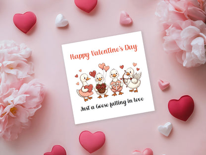Funny Happy Valentine’s Day Card with Adorable Goose Design - Just a Goose falling in love - for Loved Ones, Wife, Husband, Boyfriend, Girlfriend, Partner, for Him or for Her - Pink Envelope Included