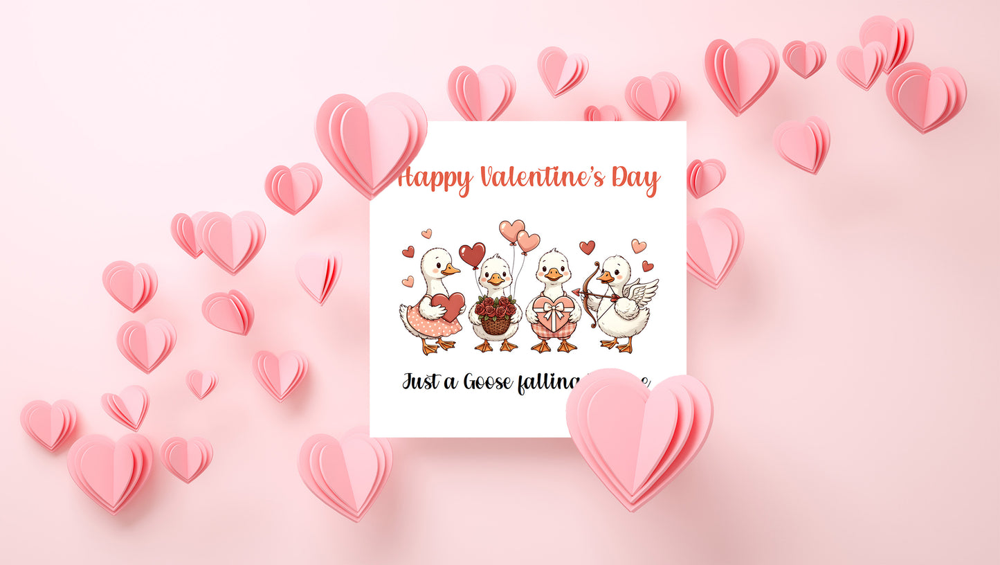 Funny Happy Valentine’s Day Card with Adorable Goose Design - Just a Goose falling in love - for Loved Ones, Wife, Husband, Boyfriend, Girlfriend, Partner, for Him or for Her - Pink Envelope Included