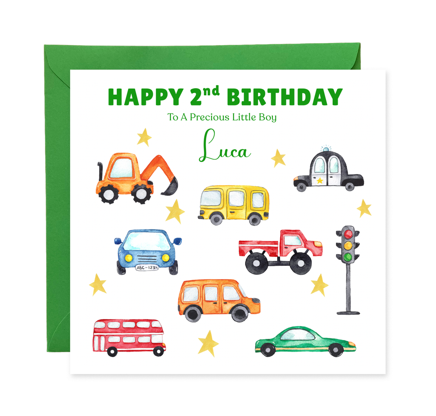 Personalised Two Years Old 2nd Birthday Card for Boy – Custom Name & Message – Cute Cars Design - Kids Birthday Card for Two-Year-Old Toddler Boys, Son, Nephew, Grandson (Blue or Green)