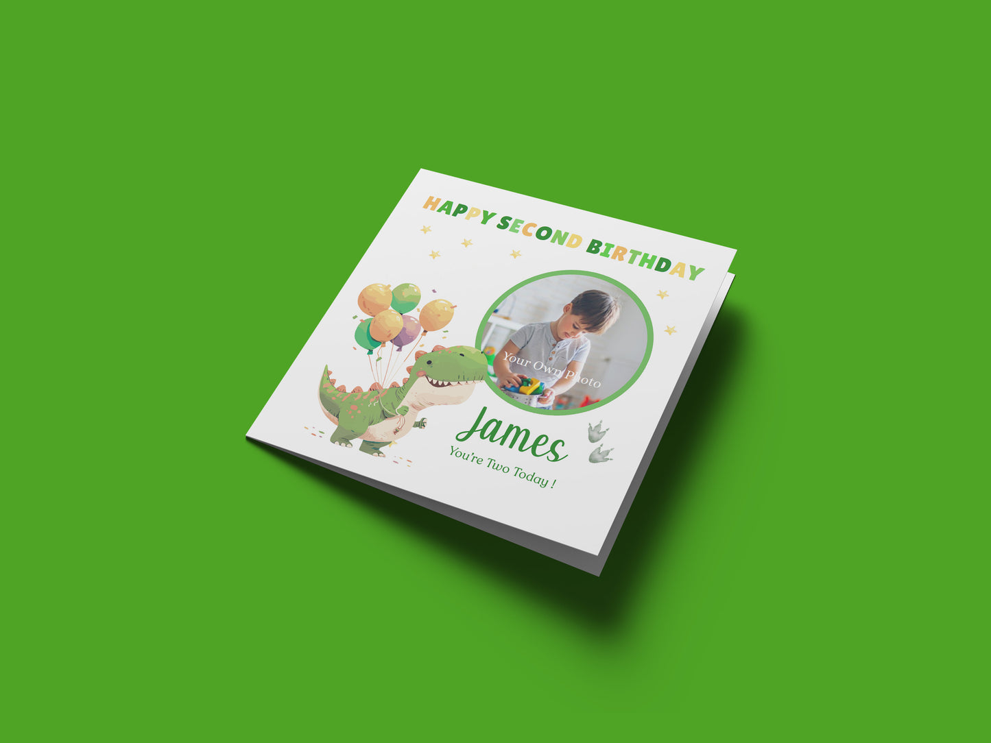 Personalised Photo 2nd Birthday Card for Toddler Boy –  Green T-Rex Dinosaur with Custom Photo and Name, Age 2 Years Old Happy Birthday Card for Son, Grandson, Nephew –  Green Envelope Included