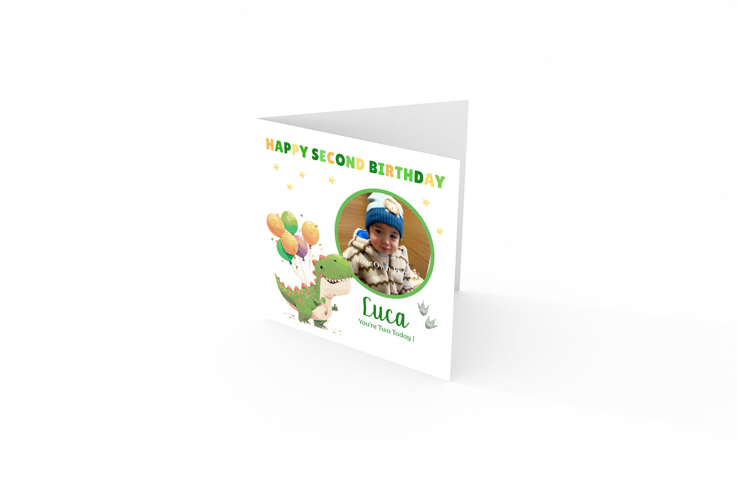 Personalised Photo 2nd Birthday Card for Toddler Boy –  Green T-Rex Dinosaur with Custom Photo and Name, Age 2 Years Old Happy Birthday Card for Son, Grandson, Nephew –  Green Envelope Included