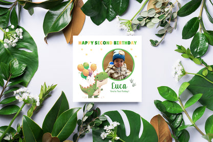 Personalised Photo 2nd Birthday Card for Toddler Boy –  Green T-Rex Dinosaur with Custom Photo and Name, Age 2 Years Old Happy Birthday Card for Son, Grandson, Nephew –  Green Envelope Included