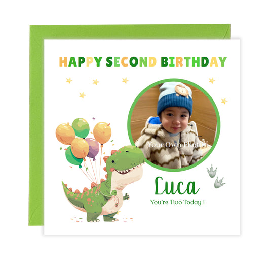 Personalised Photo 2nd Birthday Card for Toddler Boy –  Green T-Rex Dinosaur with Custom Photo and Name, Age 2 Years Old Happy Birthday Card for Son, Grandson, Nephew –  Green Envelope Included