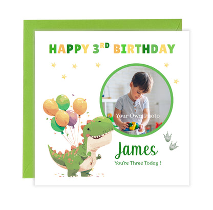 Personalised Photo 3rd Birthday Card for Toddler Boy –  Green T-Rex with Custom Photo and Name, Age 3 Years Old Happy Birthday Card for Son, Grandson, Nephew –  Green Envelope Included