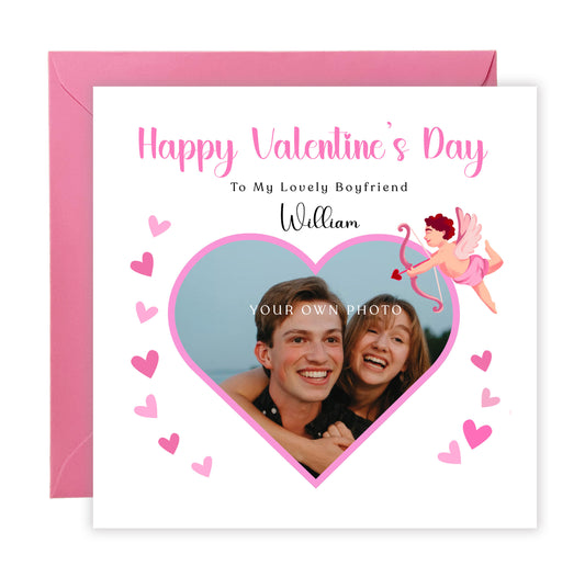 Personalised Photo Valentine’s Day Card for Loved Ones, Wife, Husband, Boyfriend, Girlfriend – Heart with Cupid Design - Custom Message, Photo & Name – Valentine Card for Him or Her with Pink Envelope