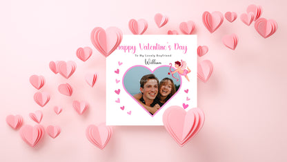 Personalised Photo Valentine’s Day Card for Loved Ones, Wife, Husband, Boyfriend, Girlfriend – Heart with Cupid Design - Custom Message, Photo & Name – Valentine Card for Him or Her with Pink Envelope