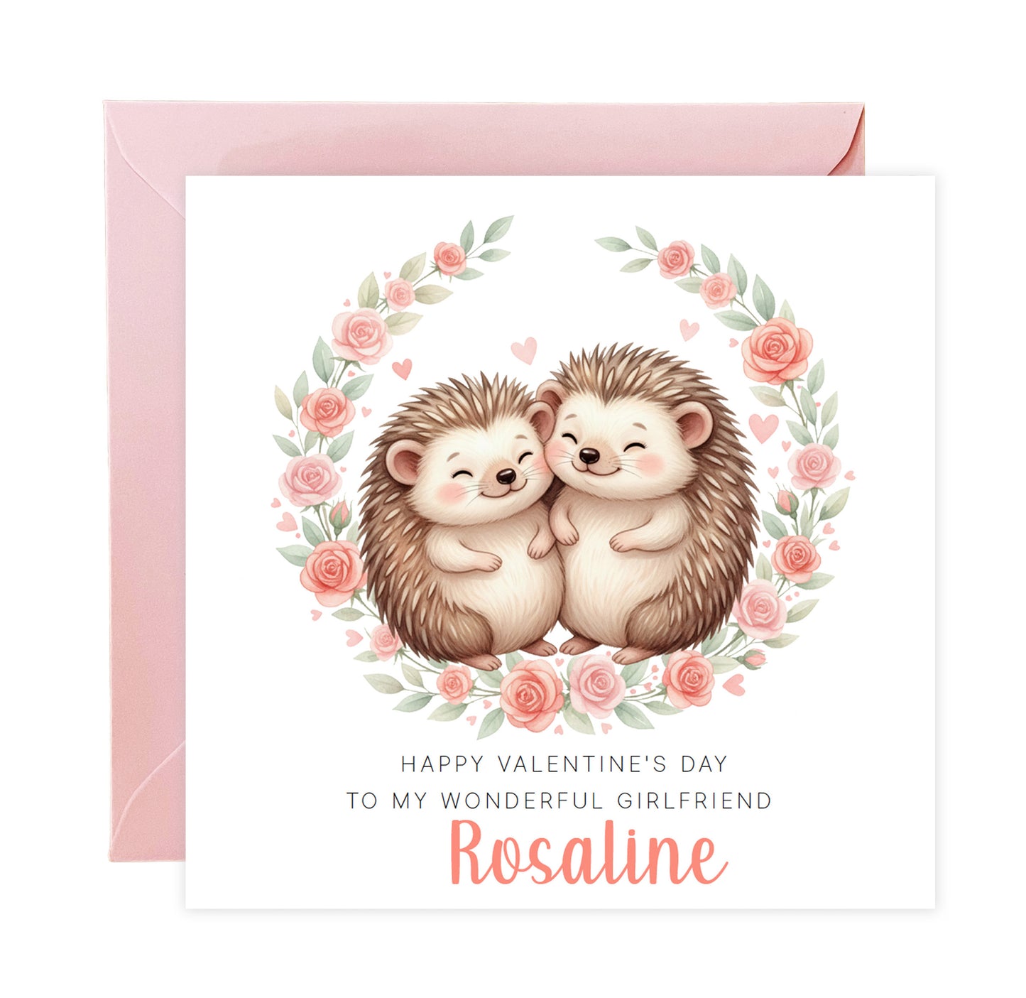 Personalised Happy Valentine’s Day Card with Cute Hedgehog Design for Loved Ones, Wife, Husband, Boyfriend, Girlfriend, Partner etc - Custom Name and Message for Him or Her - Pink Envelope Included