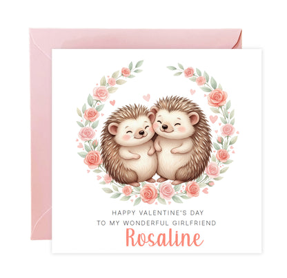 Personalised Happy Valentine’s Day Card with Cute Hedgehog Design for Loved Ones, Wife, Husband, Boyfriend, Girlfriend, Partner etc - Custom Name and Message for Him or Her - Pink Envelope Included