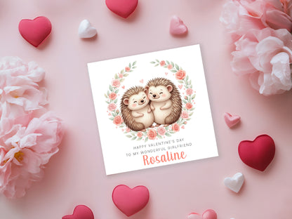 Personalised Happy Valentine’s Day Card with Cute Hedgehog Design for Loved Ones, Wife, Husband, Boyfriend, Girlfriend, Partner etc - Custom Name and Message for Him or Her - Pink Envelope Included