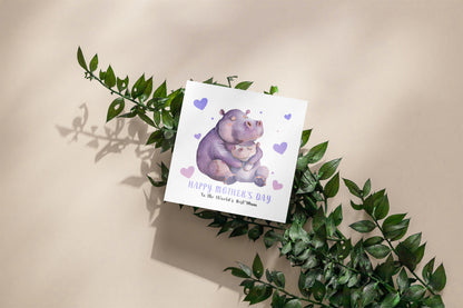 Happy Mother’s Day Card To The World's Best Mum for Her, Mummy, Mama, Mum, Mother to be, Grandma from Children, Son & Daughter – Cute Hippo Mummy & Kid Design - Purple Envelope Included