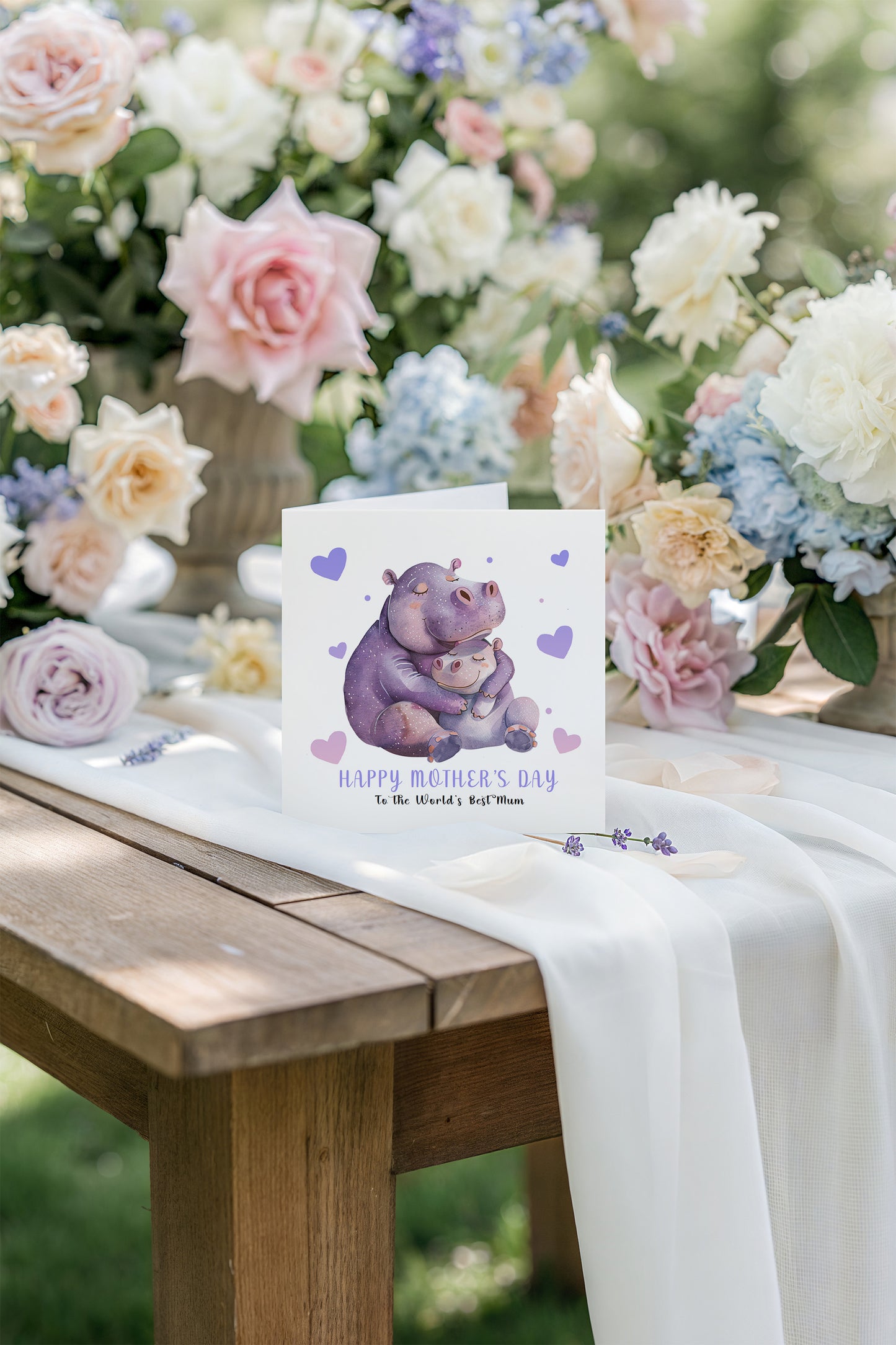 Happy Mother’s Day Card To The World's Best Mum for Her, Mummy, Mama, Mum, Mother to be, Grandma from Children, Son & Daughter – Cute Hippo Mummy & Kid Design - Purple Envelope Included