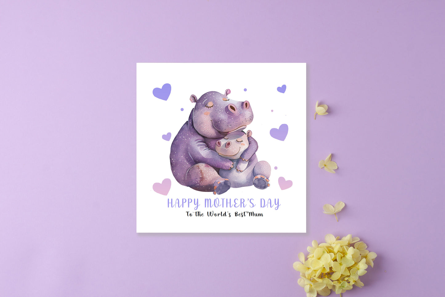 Happy Mother’s Day Card To The World's Best Mum for Her, Mummy, Mama, Mum, Mother to be, Grandma from Children, Son & Daughter – Cute Hippo Mummy & Kid Design - Purple Envelope Included