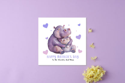 Happy Mother’s Day Card To The World's Best Mum for Her, Mummy, Mama, Mum, Mother to be, Grandma from Children, Son & Daughter – Cute Hippo Mummy & Kid Design - Purple Envelope Included